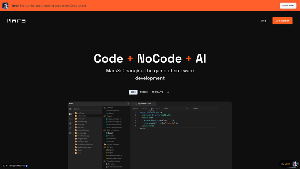 MarsX is a dev tool that unites AI, NoCode, Code and MicroApps