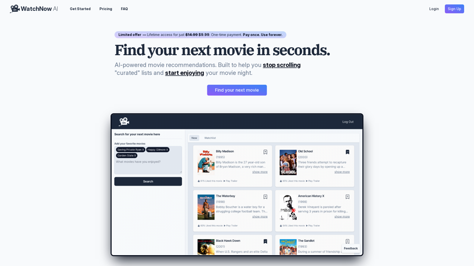 Movie recommendations powered by AI - WatchNow AI